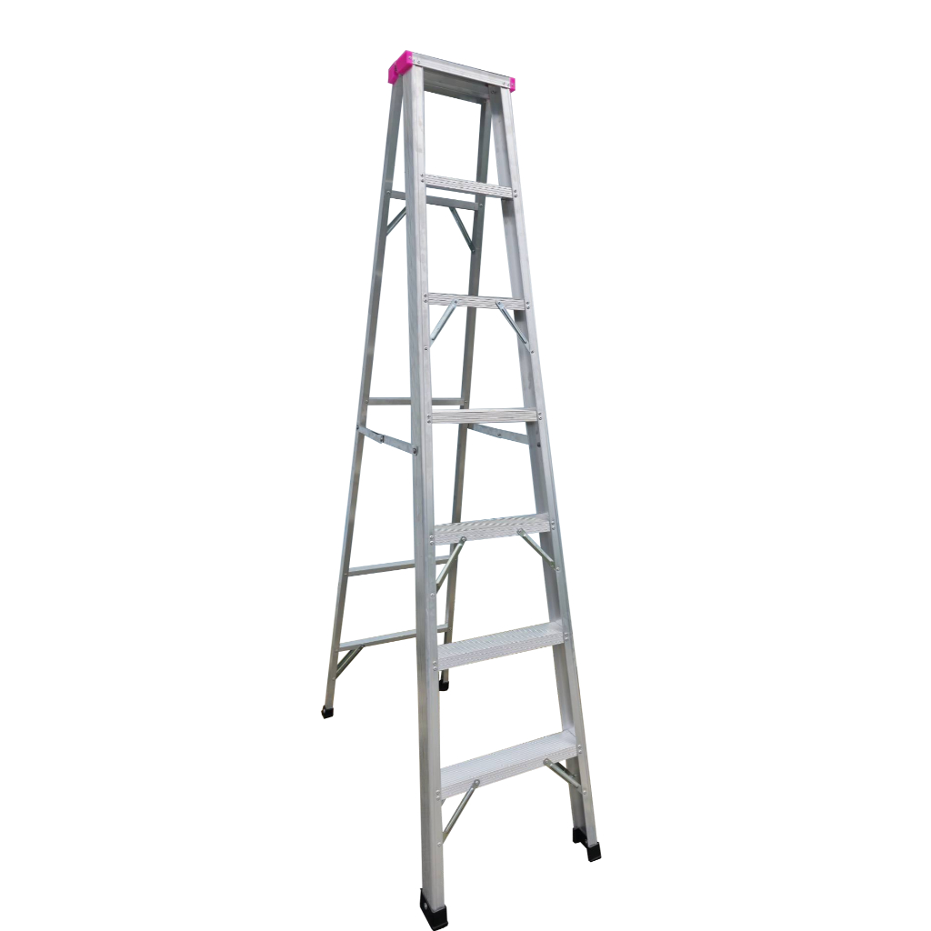 (ส่งดีทั่วไทย)บันไดอลูมิเนียมหัวพลาสติกสีชมพู7ขั้น(ความสูง210เซนติเมตร)ราคาถูกมากพับได้