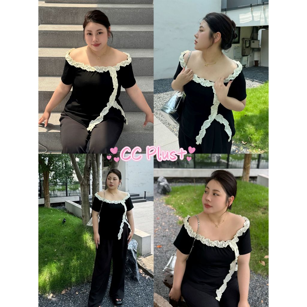 CiCi Plus+(J1277)เสื้อไหมพรม ดีไซน์ต่งระบายผ้าชีฟอง เพิ่มความแซ่บด้วยผ่าเล็กน้อย น่ารักเวอร์ๆ
