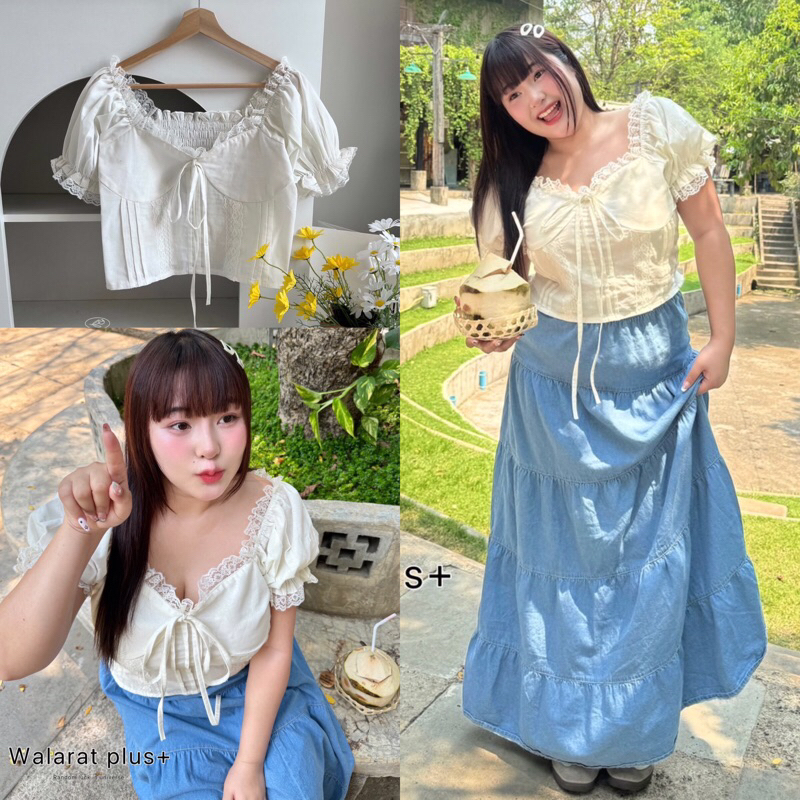 Muji Blouse เสื้อครอปแขนตุ๊กตามินิมอล ทรงสวยแต่งลูกไม้หวานๆผูกโบว์ สาวอวบไซส์ใหญ่ (มีไซส์อก36-50)