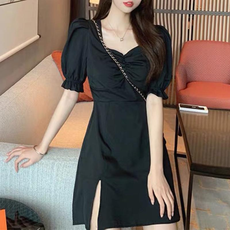[M-5XL] ชุดเดรส มินิเดรส สไตล์ฝรั่งเศส แขนพอง ทรงกระโปรงผ่าหน้า ดีไซน์เก๋ๆ เหมาะสำหรับสาวอวบ สาวพลัสไซส์ใส่ได้