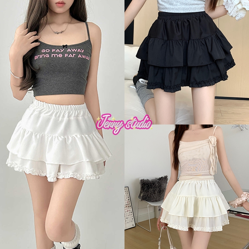 Jenny พร้อมส่ง กระโปรงพลีทสั้นผู้หญิง Y2k ทรงเอ เข้ารูป สีพื้น แต่งระบาย เอวสูง มีซักใน เซ็กซี่ สำหรับนักเรียนนักศึกษา