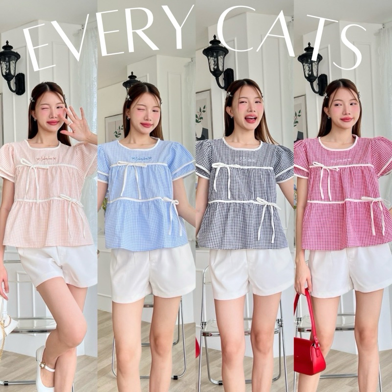 A58 - เสื้อแขนพองลายสก๊อตตัดขอบขาว