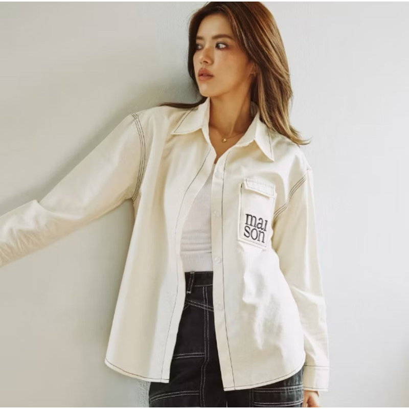 (ของใหม่ป้ายห้อย S)maison KEEPS | Bay Shirts เสื้อเชิ้ตยีนส์ ทรง oversize ปักโลโก้