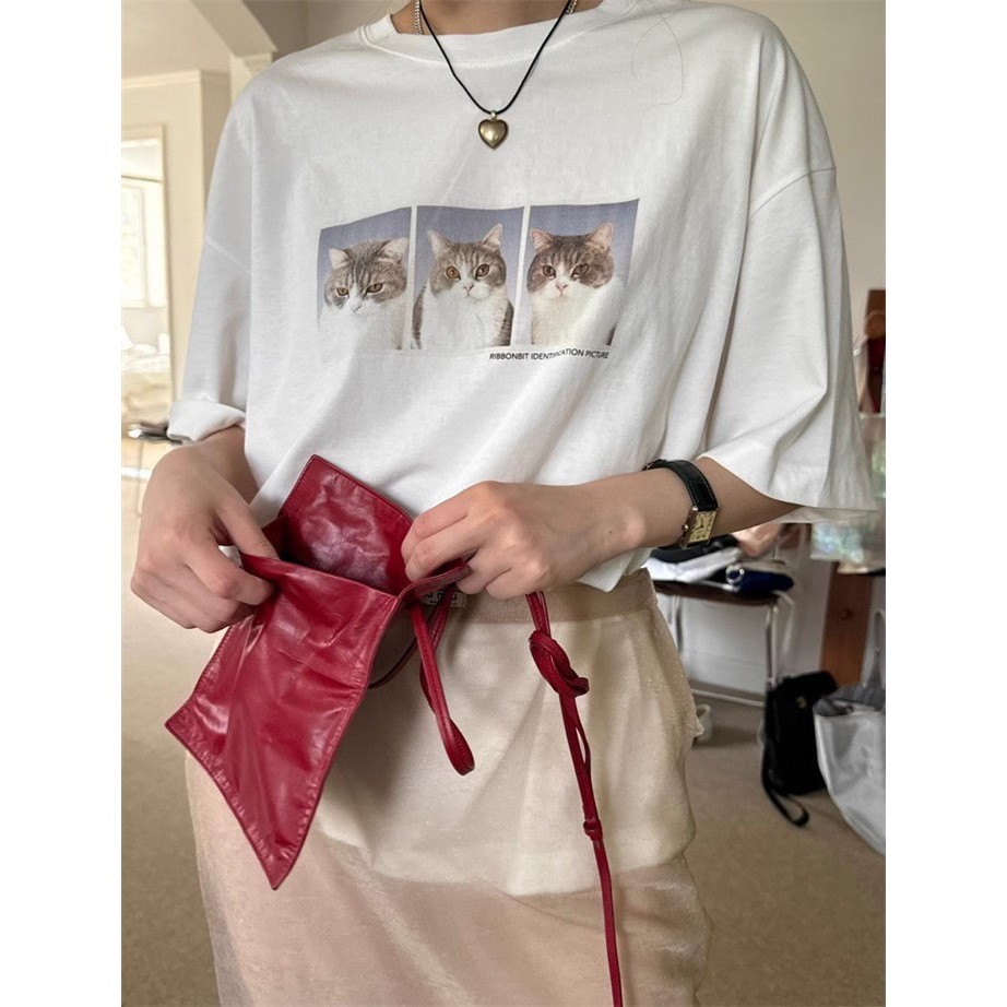 Pre10-15วัน เสื้อยืดคอตตอนลายแมว เสื้อยืดเกาหลีRibbonbit