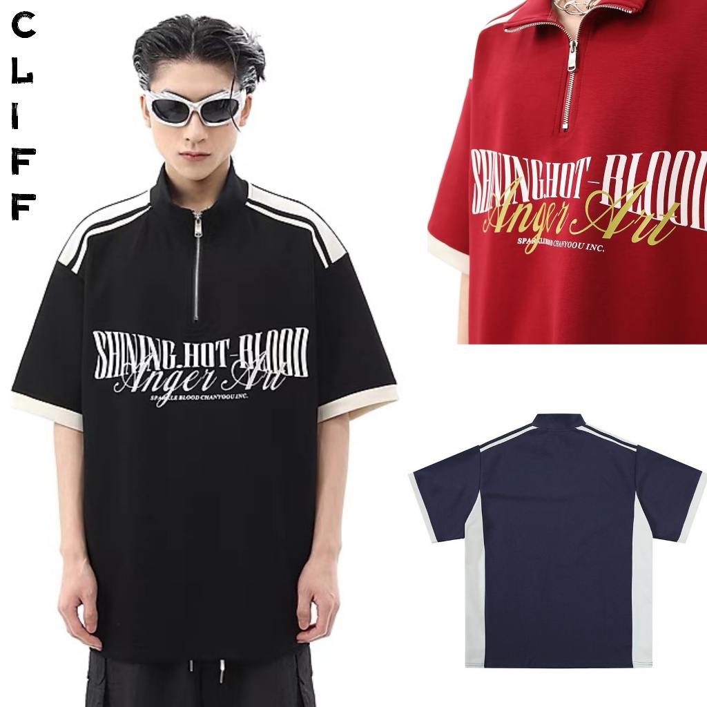CLIFF เสื้อโปโลผู้ชาย เสื้อสีผสมแฟชั่น มีซิป แขนสั้นคอปก ชุดคู่รัก แมทช์ลุคง่าย
