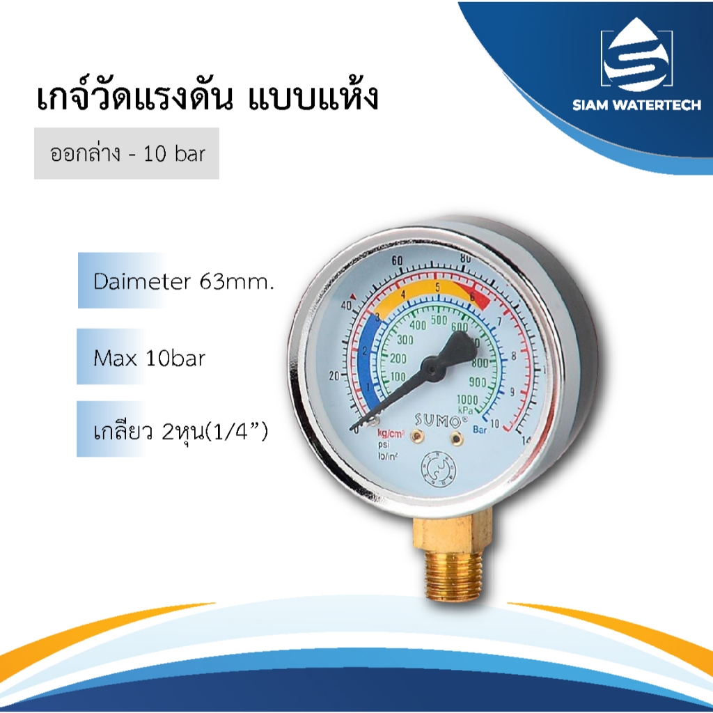 เกจ์วัดแรงดันแบบแห้ง (10bar) ยี่ห้อ Sumo