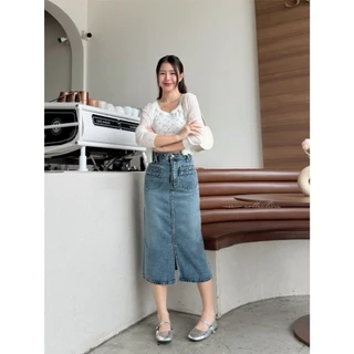 กระโปรงยาวยีนส์เอวสูงผ้าไม่ยืดสีพื้นฐานมีS-5XLถึงไซส์ใหญ่bigsize