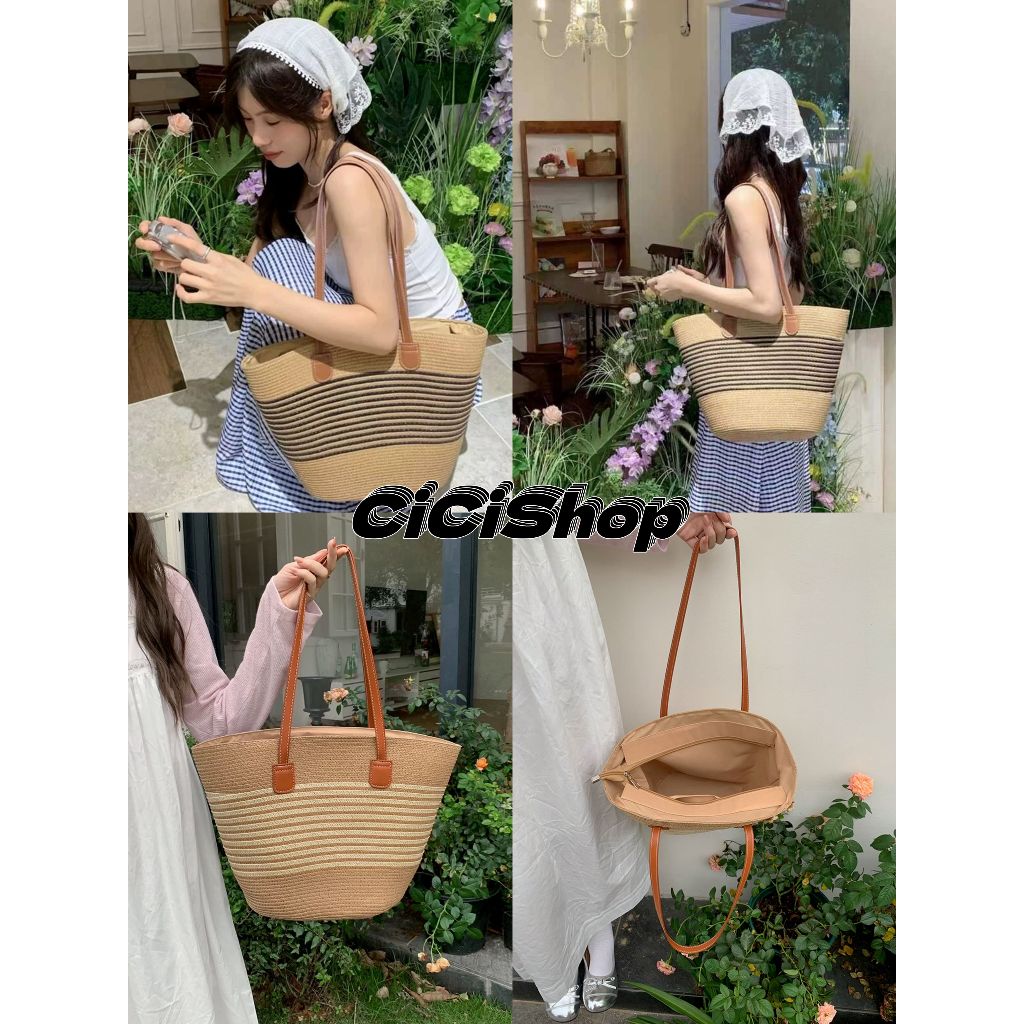Cicishop (A133) กระเป๋าสาน สายหนัง ลายทาง รูดซิปได้ มีซับผ้าด้านใน จุของได้เยอะ งานดีม๊าก