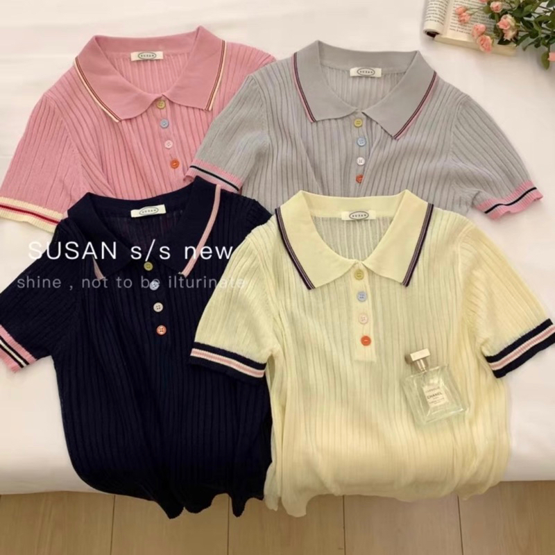 1LDK พร้อมส่ง เสื้อยืดคอปกแต่งกระดุมหลายสีเก๋ๆน่ารัก(10131)