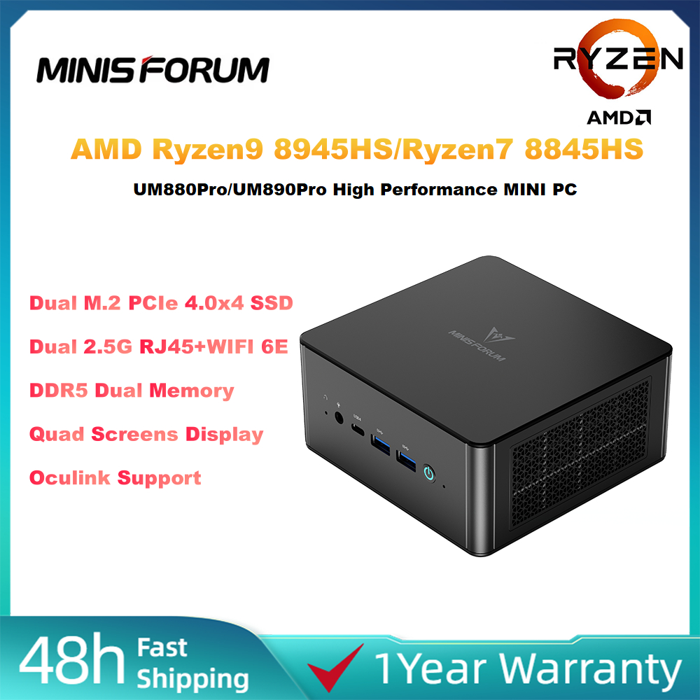 MINISFORUM UM890/UM880Pro Ryzen 8845/8945HS DDR5 M.2 PCIe4.0 RJ45 WIFI6E Oculink Win11 MINI PC