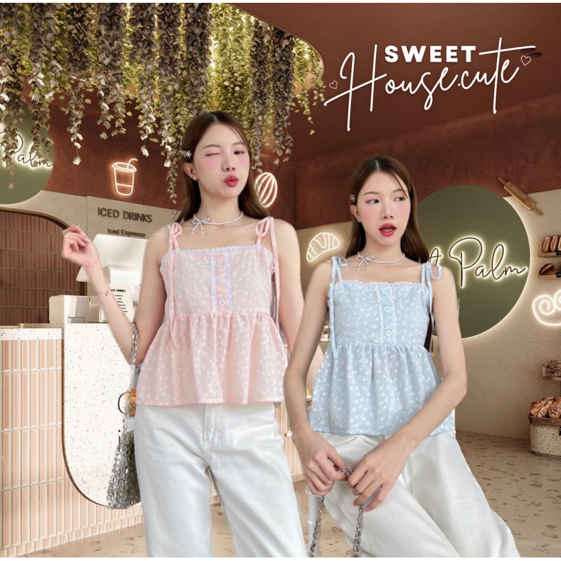 SweetHouse #357 เสื้อสายเดี่ยวผูกบ่าผ้าลายดอกไม้สีพาสเทล