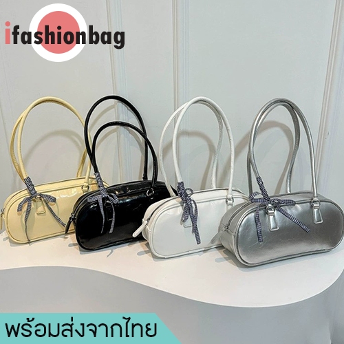 (มีส่งด่วน) ifashionbag(IF2089) กระเป๋าสะพายไหล่หนังพียู+ผ้าผูกโบว์ มี3สี