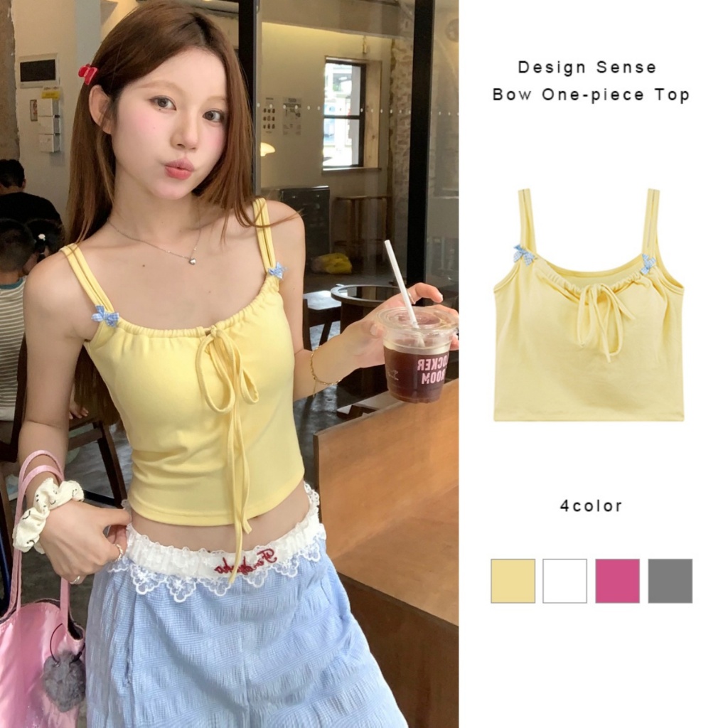 พร้อมส่ง เสื้อกล้ามสายคู่ มีฟองน้ำ เพิ่มความเก๋ด้วยเชือกรูดอก ตกแต่งโบว์จิ๋ว ยืดตามตัว สไตล์สาวตัวเล็กตัวน้อย LIVE