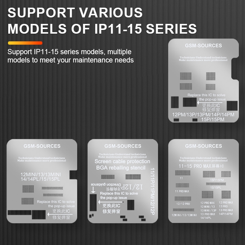 ชุดเพลท GSM-SOURCES Screen IC Reballing Protective Stencil 4 in 1 สำหรับ IP11-15 Series เครื่องมือสำหรับช่างซ่อมมือถือ
