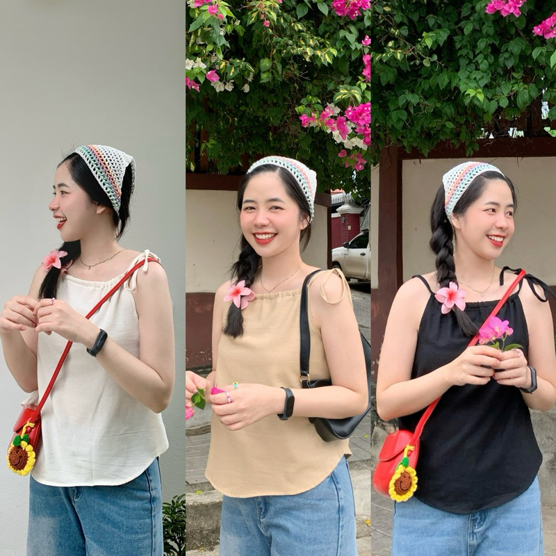 Jolie🎀 (มี 2 size) เสื้อสายเดี่ยวรูดเชือกผูกโบว์ไหล่ ชายเสื้อโค้ง Manee.cotton