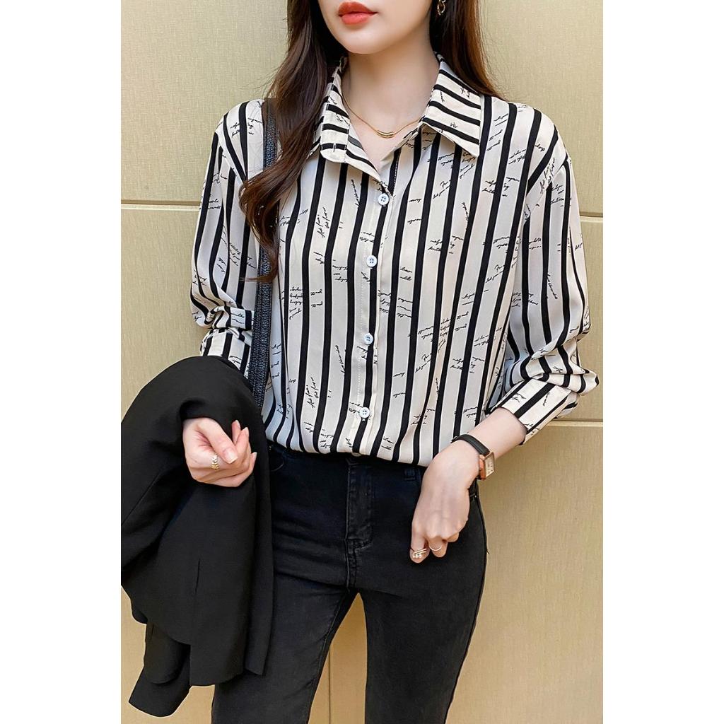 เสื้อเชิ้ตลายทาง มี 2 สี สาวอวบ ใส่ทำงาน สไตล์เกาหลี ดำ ครีม - รูปที่ 5