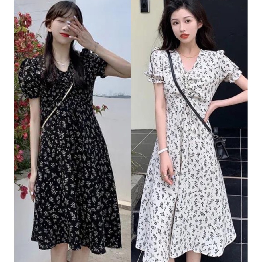 เดรสดอกไม้ลายพริ้ว เดรสลายดอกไม้ เดรสกระโปร ผ้านุ่มสบาย