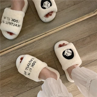 (พร้อมส่งจากไทย) รองเท้าใส่ในบ้าน หัวเปิด พื้นนิ่ม สลิปเปอร์ รองเท้าแตะขนฟู สวมใส่สบาย รองเท้าสลิปเปอร์