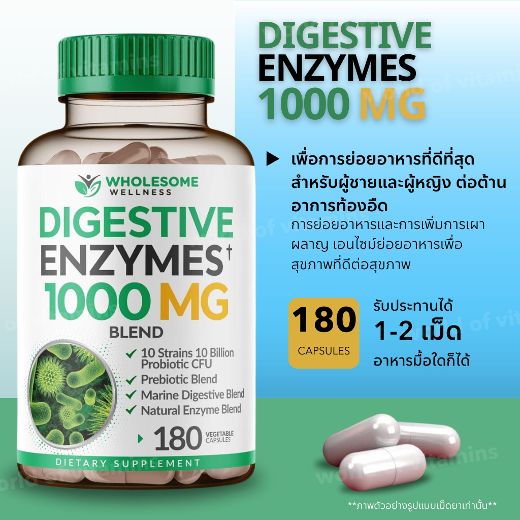 Wholesome Wellness  Digestive Enzymes 1000 MG With Probiotics&Prebiotics  180 Veg Caps(Sku.353)