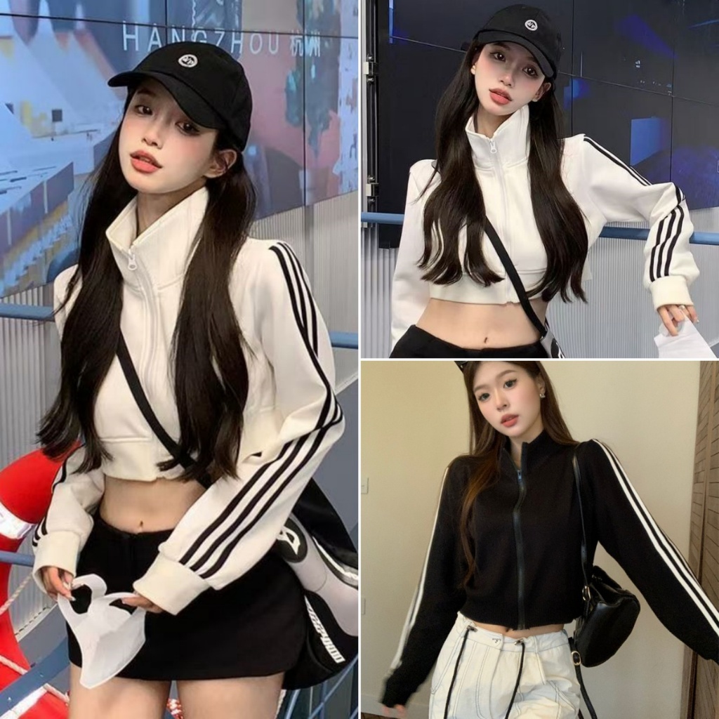 cherryshop พร้อมส่ง เสื้อคลุม เสื้อคลุมแขนยาว แฟชั่นผู้หญิง สีดํา ลายทางสามแถบ แขนยาวมีซิป สไตล์เกาหลี