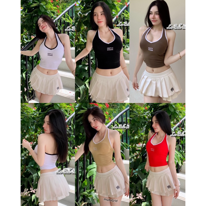 mnv_shop เสื้อครอป คล้องคอ แต่งแถบ ผ้าเรย่อน