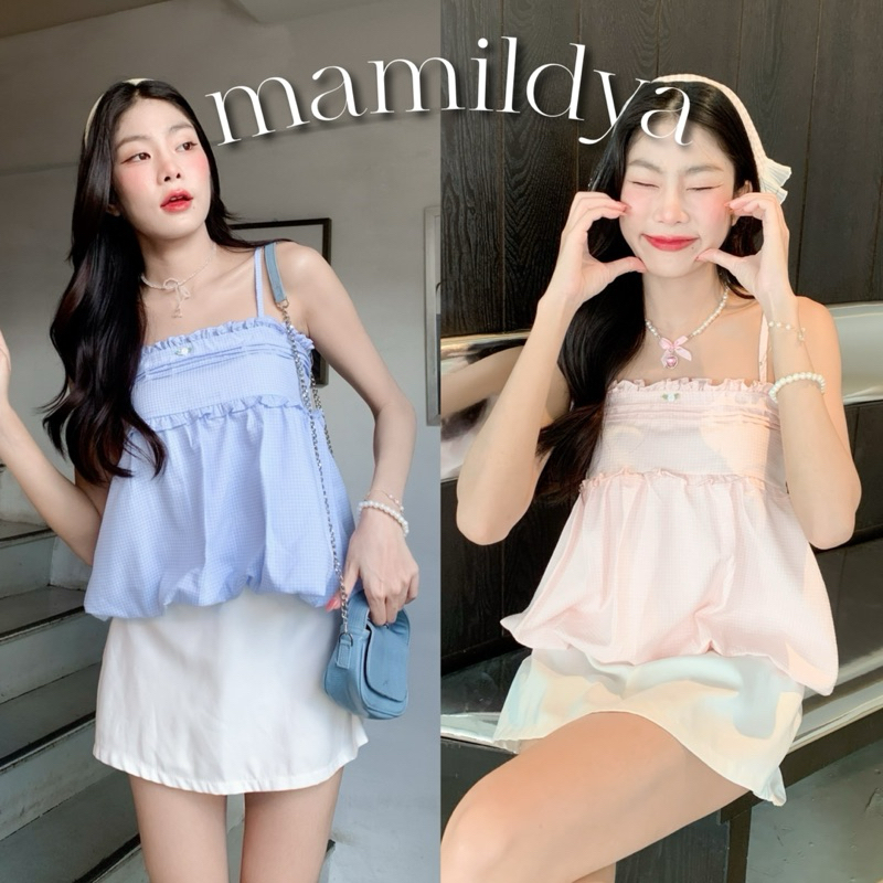 สายปรับได้ Mamildya.shop เสื้อสายเดี่ยวบอลลูน ทรงยอดฮิต เนื้อผ้าตารางสีละมุนมากๆ/ S1-5/TOT-ลูน1