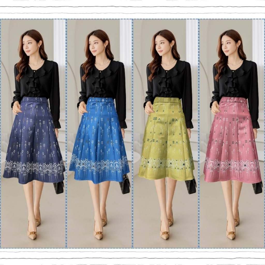 Moochompoo *พร้อมส่ง* i171 กระโปรงลายไทย ลาย S (ลายขอ) ผ้าญี่ปุ่น  ทรงพลิ้ว 10 ชิ้น  ยาว 24.5 นิ้ว ไซส์ S-5XL ผ้าไม่ต้อง