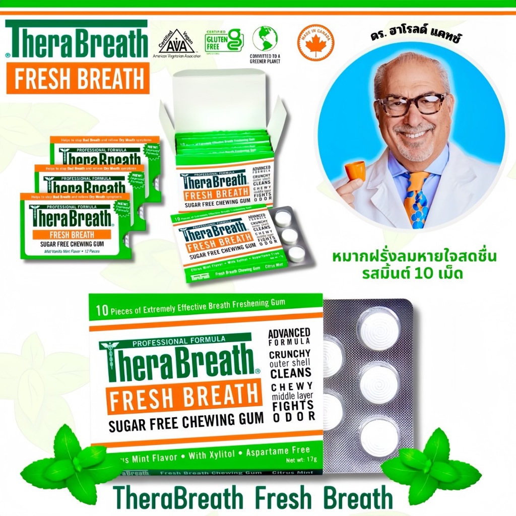 กล่อง10เม็ด นำเข้า🇺🇸 TheraBreath Fresh Breath Chewing Gum with ZINC, Citrus Mint Flavor, 10 Count - หมากฝรั่งTheraBreat