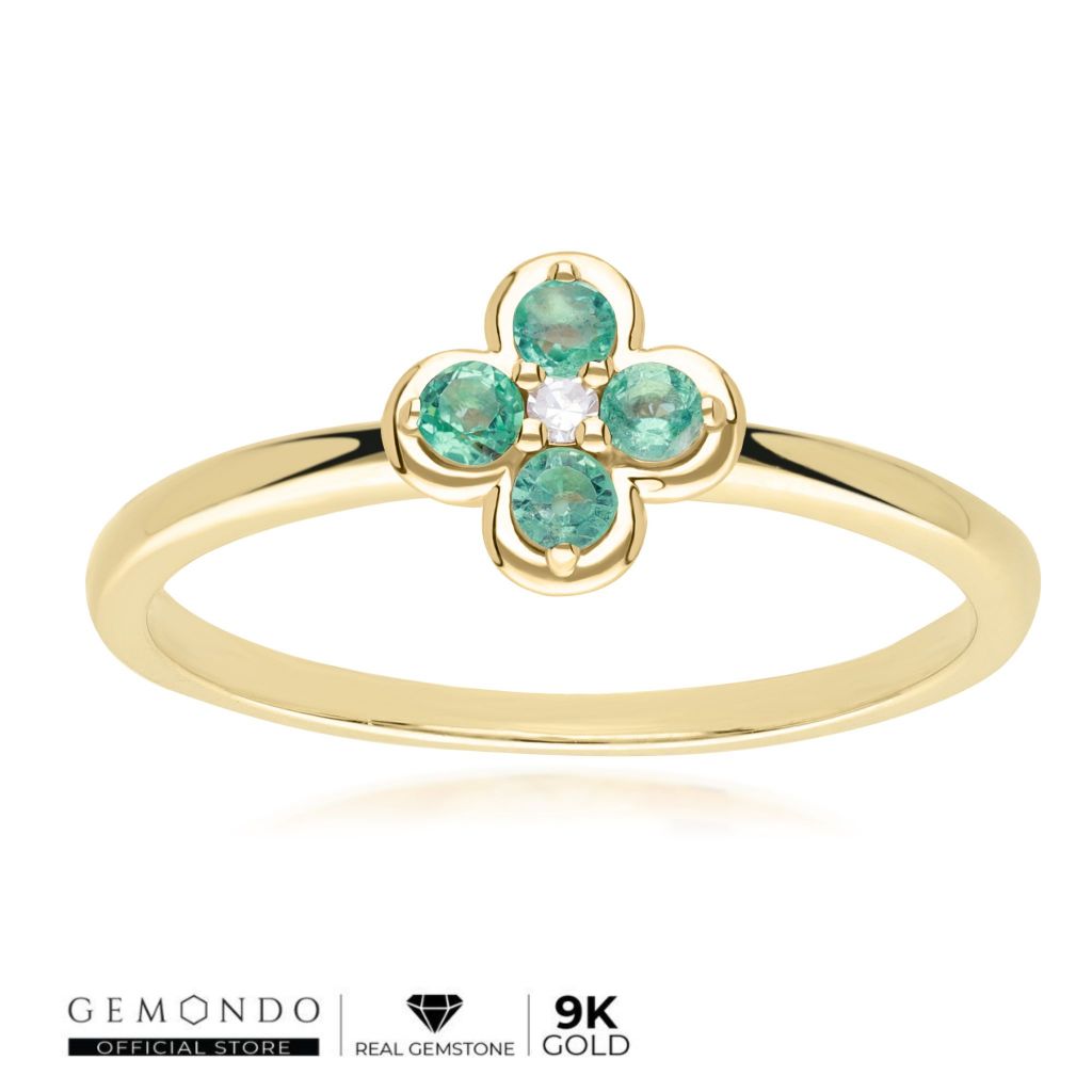 Gemondo แหวนทองคำ 9K ประดับมรกต (Emerald) และเพชร (Diamond) ทรงดอกไม้ล้อมสไตล์คลาสสิก