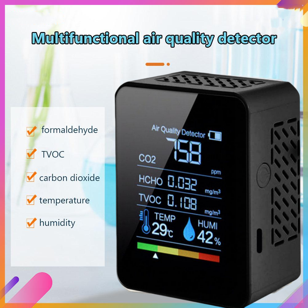 5 In 1 เครื่องตรวจจับคุณภาพอากาศ Co2 Monitor เครื่องตรวจจับอากาศคาร์บอนไดออกไซด์ Co2 Decector ทดสอบอุณหภูมิ ความชื้น LCD