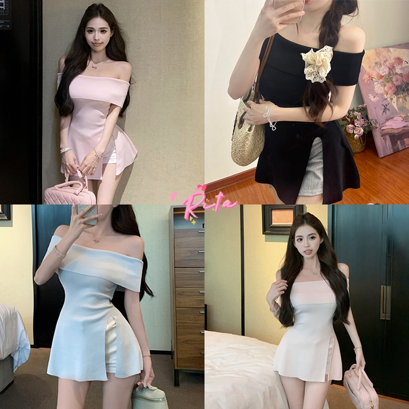 Rita พร้อมส่ง เสื้อปาดไหล่แฟชั่น เสื้อเซ็กซี่ เปิดไหล่ ผ้าไหมพรม แขนสั้น ดีเทลปลายปล่อยแหวกข้าง สีพื้น sexy lady