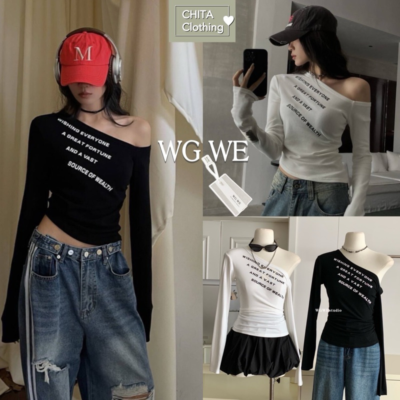 9503#เสื้อแขนยาวคอกว้าง สกรีนลายช่วงอก จะใส่เปิดไหล่ก็ดู sexy เนื้อผ้าดี งานสวย TAG:WG.WE