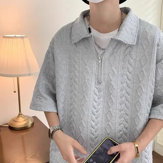 เซตเสื้อโปโลครึ่งซิป กางเกงขาสั้น ผ้าลายถักนูน 2 ชิ้น ผู้ชาย สไตล์มินิมอล ฤดูร้อนใส่สบาย