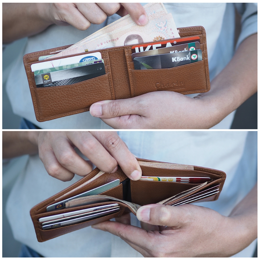 กระเป๋าสตางค์ใบพับสั้นใช้ได้ทั้ง ช/ญ Men purse หนังวัวฟอกฝาด เรียบเท่คลาสิค Charin bag