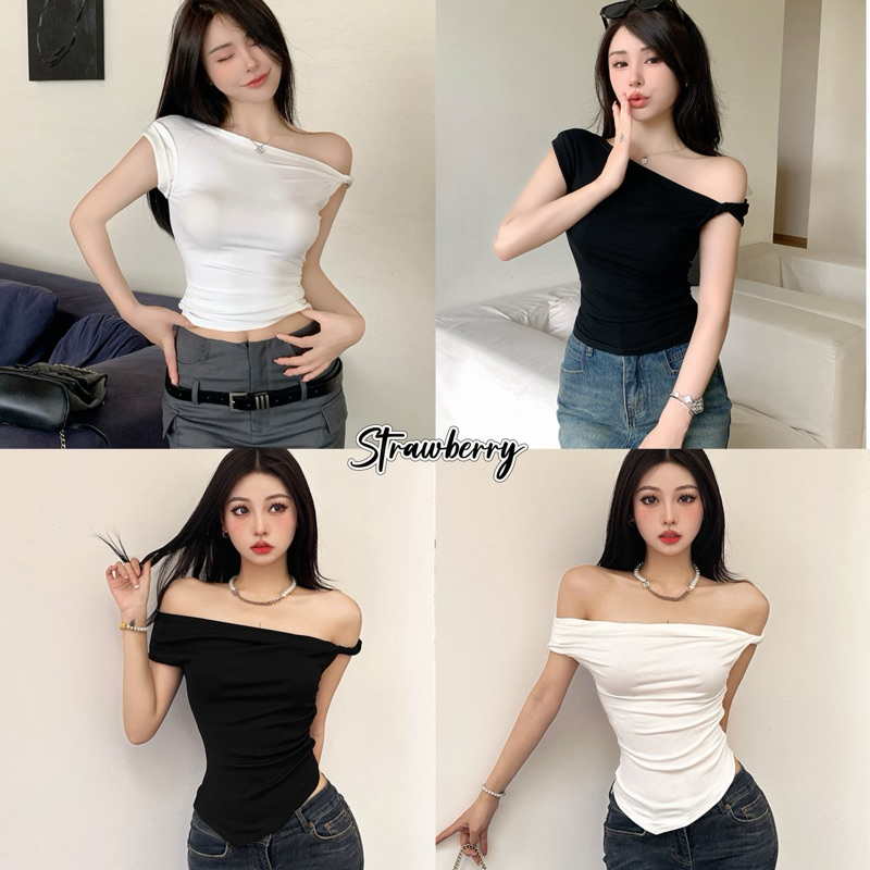 STR.พร้อมส่ง เสื้อครอป เสื้อรัดรูปผู้หญิง ผ้ายืดสั้นทรงสวย ปาดไหล่เซ็กซี่ แขนสั้นแฟชั่น ดีไซน์เก๋ไก้และเซ็กซี่