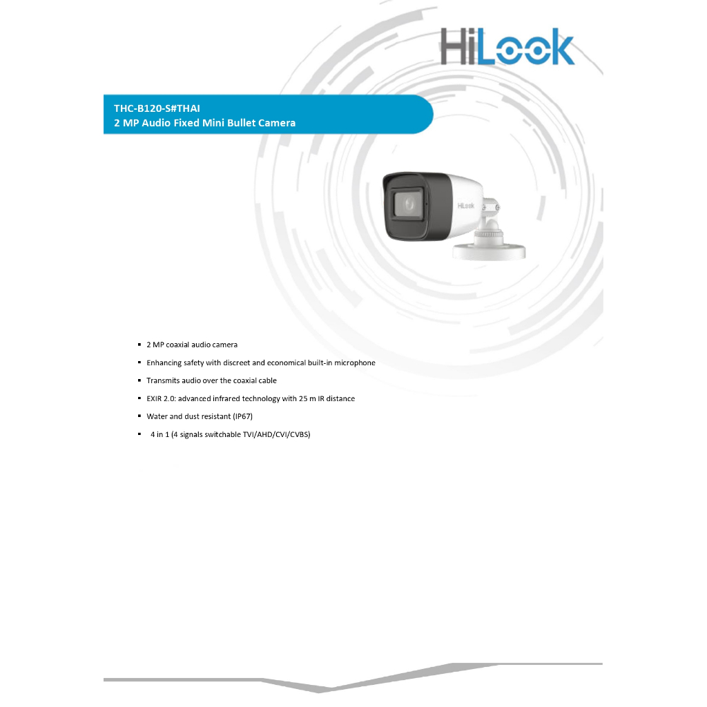 HiLook กล้องวงจรปิด 2MP 1080P 4 ระบบ (ใช้ร่วมกับเครื่องบันทึกที่รองรับกล้องมีไมค์) รุ่น THC-B120-S
