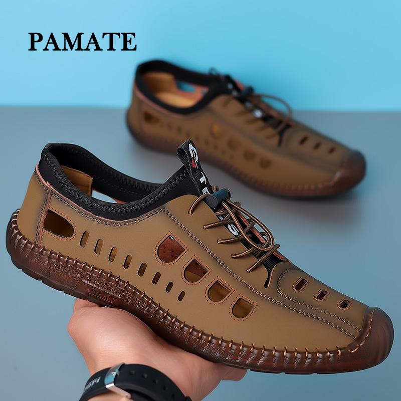 PAMATE รองเท้ารุ่นใหม่สำหรับผู้ชาย แบบโปร่งระบายอากาศ พื้นนุ่มกันลื่น รองเท้าแตะทำด้วยมือใส่สบาย สำหรับใส่ไปข้างนอก