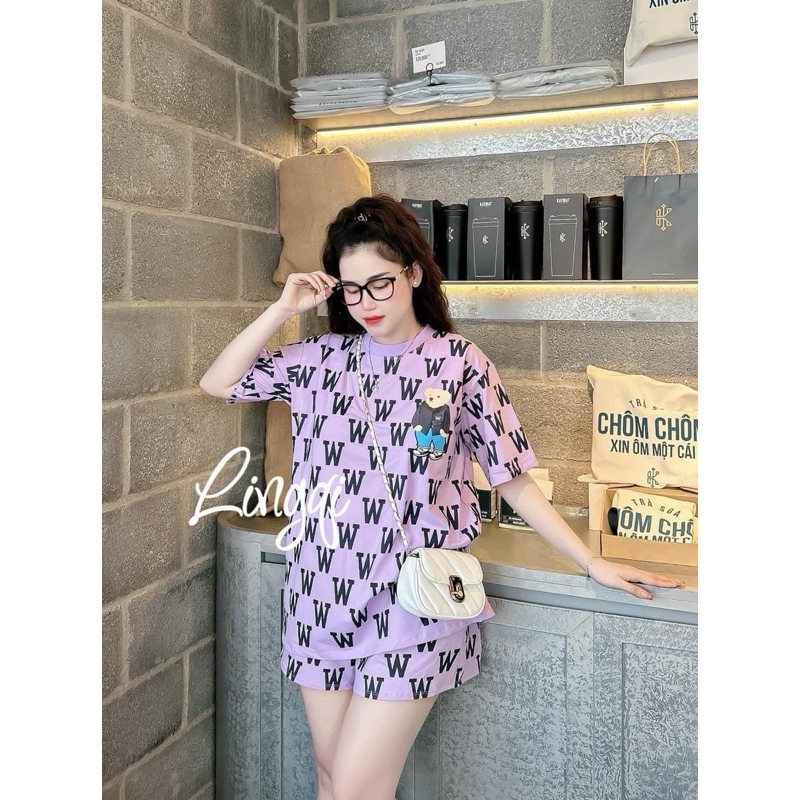 ชุดเซตเสื้อยืด-กางเกงขาสั้นลาย W สกรีนลายหมีตรงอก