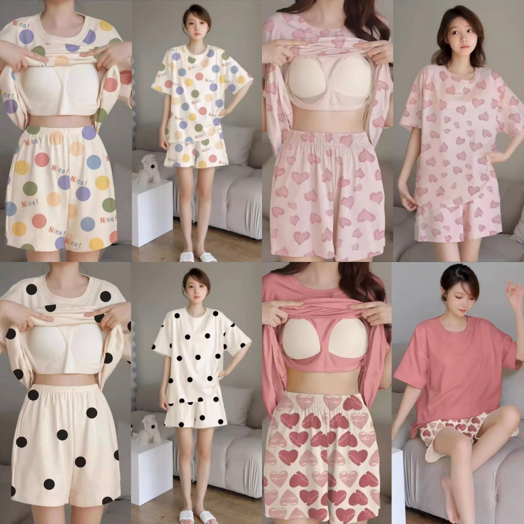 ชุดนอนผู้หญิง แบบเซท 2 ชิ้น พิมพ์ลายน่ารัก มีซับด้านใน คอกลม Women Clothing Lady Sleepwear เสื้อผ้า