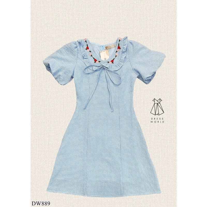 {S-XL} 889 งานป้าย Dress World ชุดเดรสสั้นคอปกระบาย ปักลายดอก มีเชื้อกผูก ลายสก๊อตเล็ก