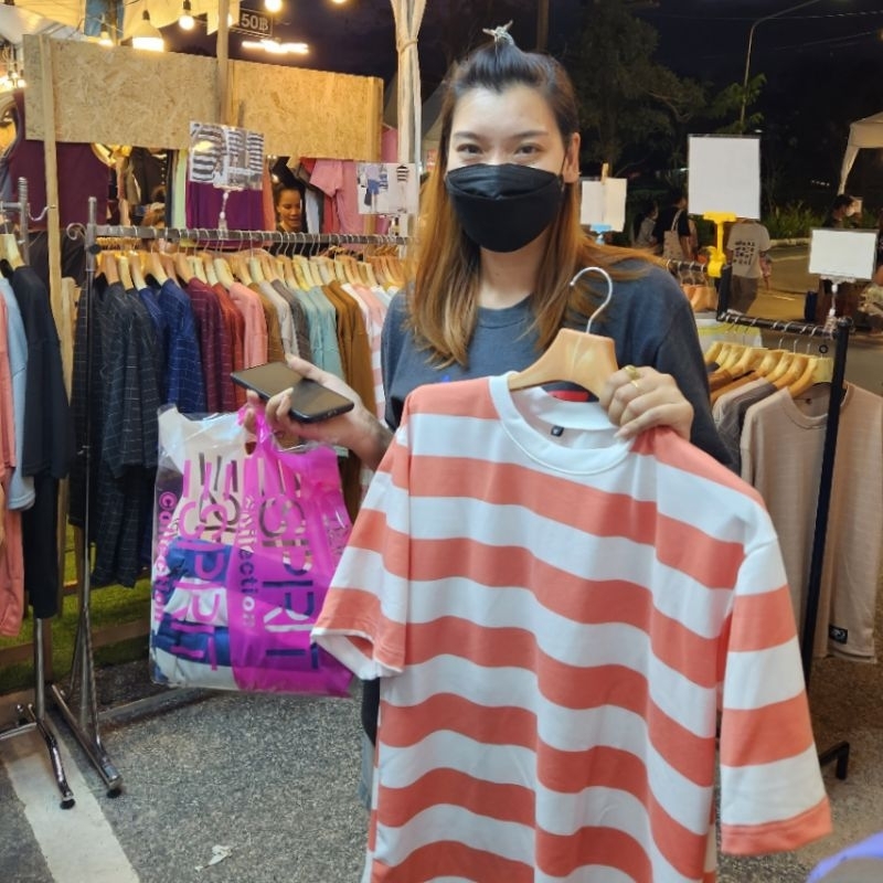 ริ้วใหญ่ เสื้อยืด Oversized ตะกร้านี้ อก42