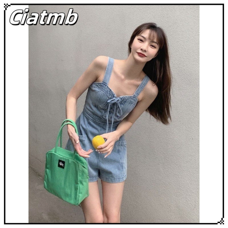 Ciatmbจั๊มสูทผ้าเดนิมผู้หญิงสีทึบโครงสร้างกางเกงยีนส์แบบผูกเชือกซิปจั๊มสูทลำลองสไตล์เกาหลี