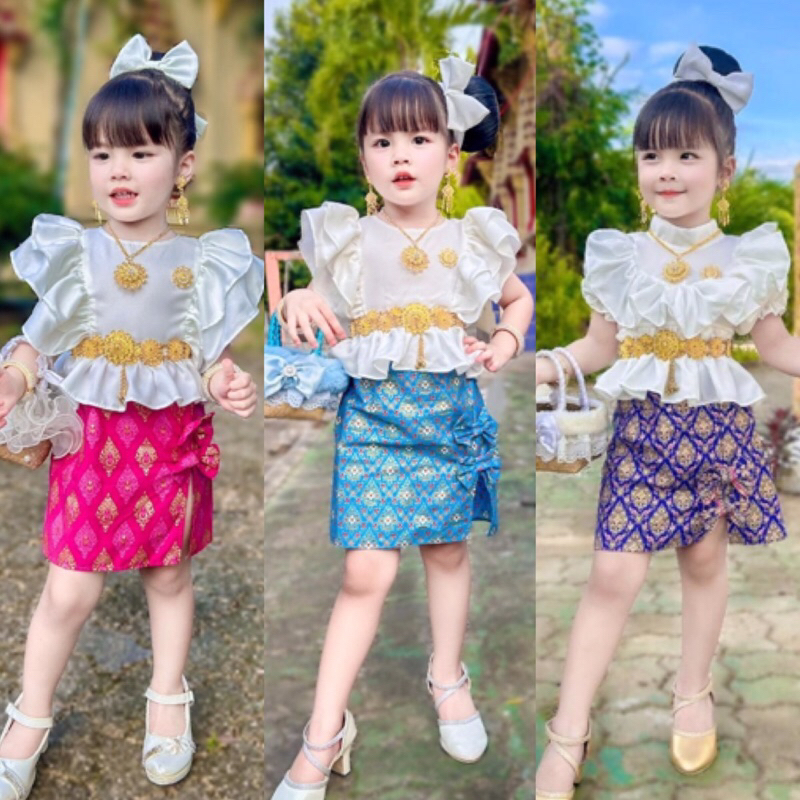 ชุดไทยเด็กผู้หญิง ชุดไทยประยุกต์เสื้อขาว+กระโปรงสั้นแต่งโบว์(ไม่รวมเครื่องประดับ) 2