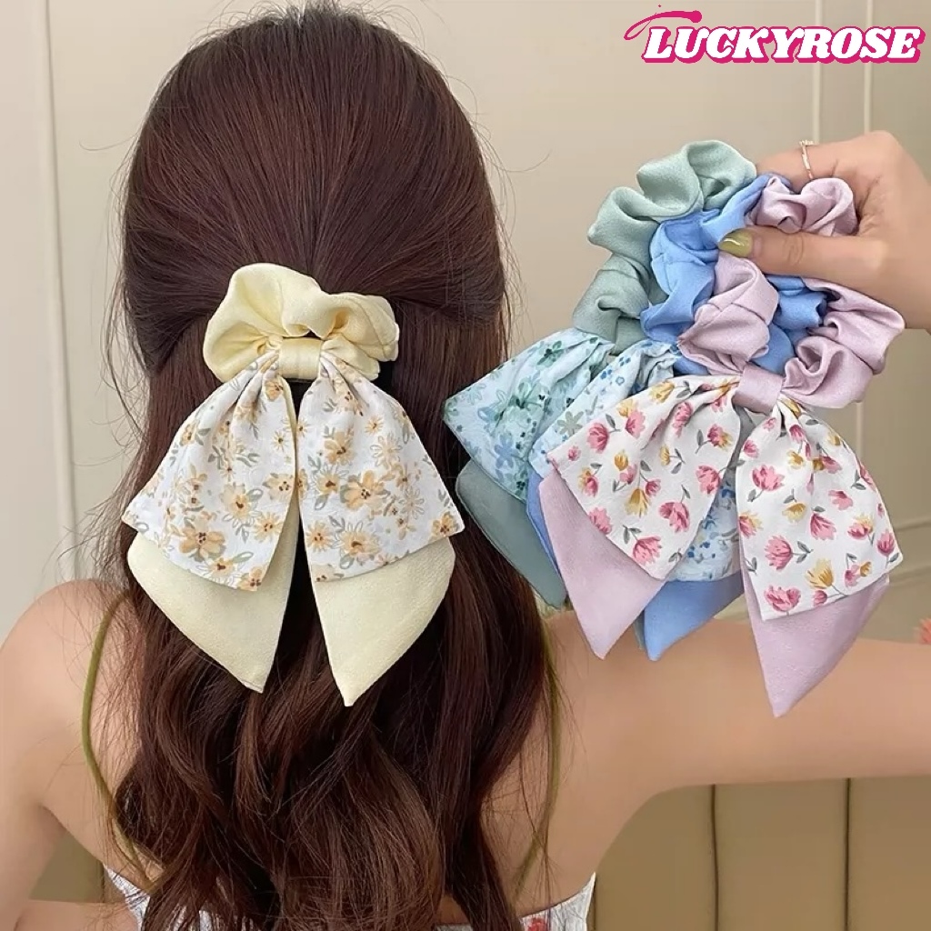 LUCKYROSE ลายดอกไม้กับโบว์ผ้า สไตล์น่ารักโบว์พลิ้ว มีหลายสี ยาว 20 ซม.