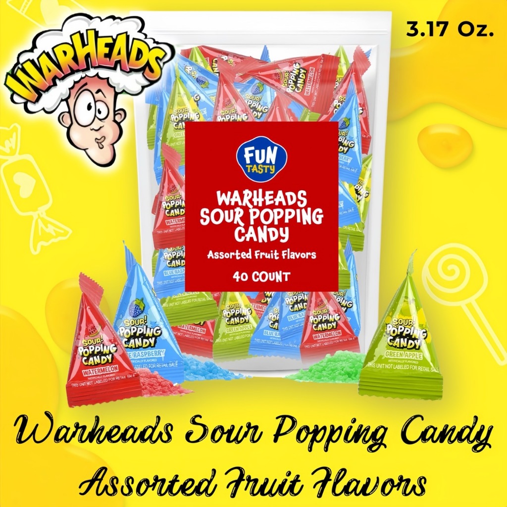 ‼ NEWยกแพค💥นำเข้า🇺🇸 Warheads Sour Popping Candy Assorted Fruit Flavors, 40 Count Bag - ลูกอมรสผลไม้ร