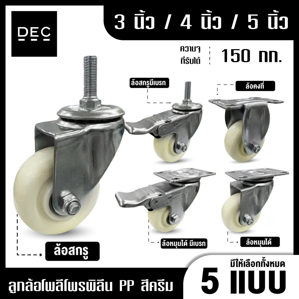 มี 5 แบบ ลูกล้อ PP โพลีโพรพิลีน สีครีม ขนาด 3นิ้ว 4นิ้ว 5นิ้ว ล้อรถเข็น ล้อเอนกประสงค์ By DEC