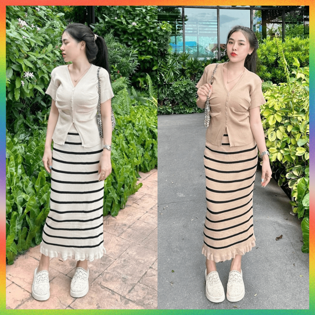 MesubShop งานเซ็ต2ชิ้น เสื้อยืดแขนสั้นแต่งย่นข้าง+กระโปรงถ่วงยาวลายทางสลับสี   ทรงสวย เรียบหรูดูแพง รุ่น ส่วนตัว