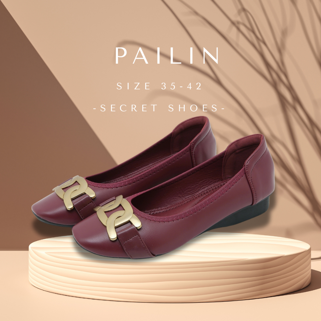 Pailin รองเท้าคัทชู แต่งหน้าโซ่ ส้นสูง 2ซม. พื้นนิ่ม กระชับ ไม่รัด