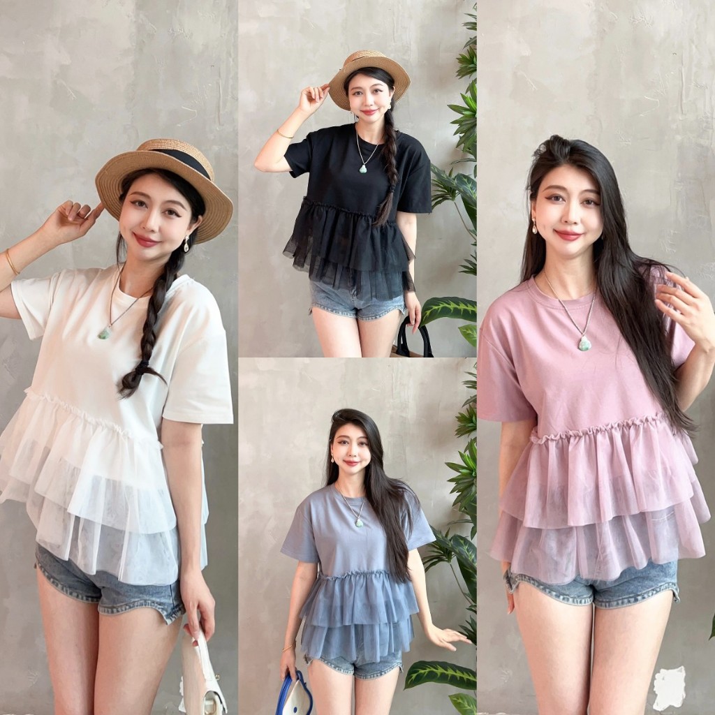 Yolanda เสื้อยืด คอกลม แต่งระบายชายผ้าตาข่าย2ชั้น แขนสั้น ด้านบนเป็นผ้าคอตตอน สไตล์เกาหลี เสื้อแฟชั่นผู้หญิง HJ3335