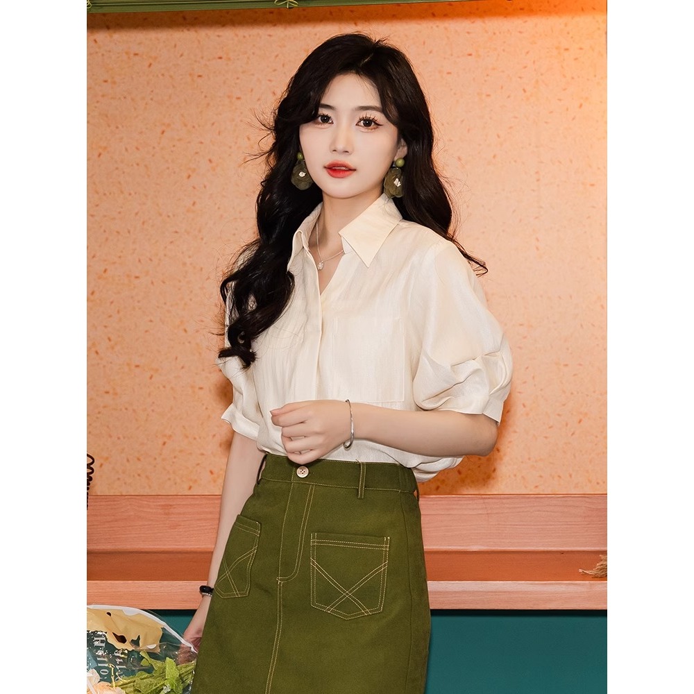 CTB5039 เสื้อเชิ้ตแขน 3 ส่วน อก40 ฟรีไซส์ สีครีม คอปกวี แบบสวม แฟชั่นวินเทจเรียบหรูดูแพง 🔥สวยมาก🔥